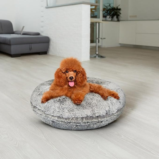 Bessie and Barnie - Luxury Extra Plush Faux Fur Bagel Pet/Dog Bed (Frosted Snow, Me)
