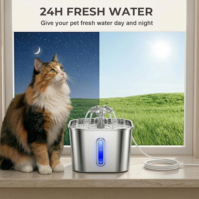 Wonder Creature Cat Water Fountain Stainless Steel, 74oz/2.2L Automatic Quiet Cat Drinking Fountain, Indoor Water Dispenser for Cats, Kittens, Small Dogs and Pets, Circulating Pet Water Fountain