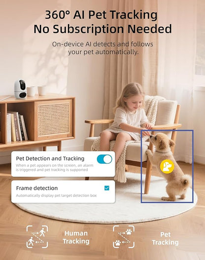 VIRTAVO Pet Camera Indoor for Dogs & Cats, 360° PTZ Pet Monitor with Motion Tracking, Dual‑Lens, 2‑Way Audio, Night Vision, No Subscription, Wi‑Fi 6 (2.4GHz/5GHz), SD & Cloud Storage