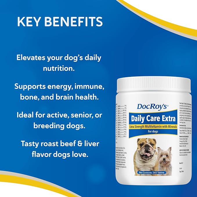 Doc Roy's Daily Care Extra Canine, Advanced Multivitamin Supplement for Dogs, Supports Energy, Immune, Muscle, Bone & Brain Health, Provides Vitamins A C D3 E B Complex, Iron Zinc, 365ct Tablets