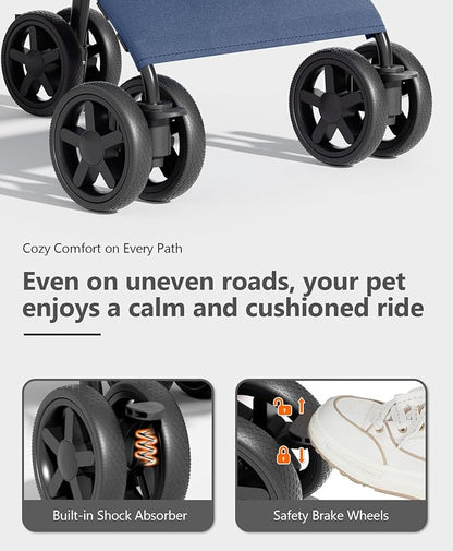 OS MOTOR Pet Stroller with 4 Wheels for Small/Medium Pets, Portable Travel Foldable Carrier Jogger for Dog Cat Puppy Kitty, Rear Wheel Breaks, Storage Basket, Visible Mesh Weather Cover (Navy Blue)