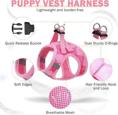 SCENEREAL Small Dog Harness and Leash Collar Set, Step in No Pull Soft Mesh Dog Harnesses for Small Medium Sized Dogs Puppy and Cats Outdoor Walking, No Chock Reflective Vest Harness, Pink Plaid XS