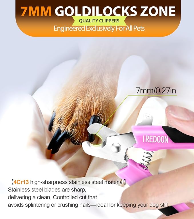 IREDOON Dog & Cat Nail Clippers, 4Cr13 Stainless Steel Razor Sharp Blade - Professional Pet Grooming Tool with Nail File, Small Hand Friendly & Non-Slip Grip (Pink)