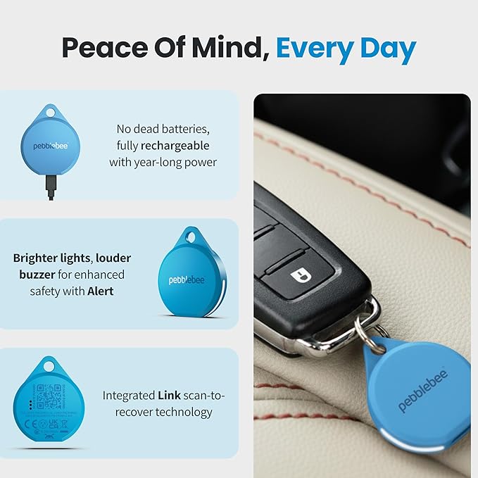 Pebblebee Clip 5 | Rechargeable Bluetooth Tracker Tag for Keys | Alternative to Air Tag & Android Trackers | 130 dB Siren, Bright LED Strobe, 12-Month Battery, Alert Safety Mode | Subzero