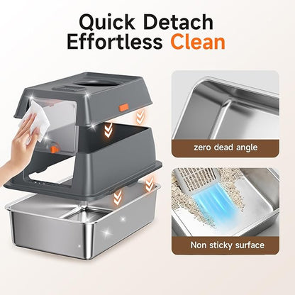 Extra Large Stainless Steel Litter Box with Lid, High Sided Enclosed Metal Cat Litter Pan, Dog Proof Front Entry Top Exit, Odor Control Easy Clean Leak Proof, Includes Mat, Scoop & Step, Grey