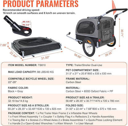 VEVOR Dog Bike Trailer, Supports up to 66/88/100 lbs, 2-in-1 Pet Stroller Cart Bicycle Carrier, Easy Folding Cart Frame with Quick Release Wheels, Universal Bicycle Coupler, Reflectors, Flag