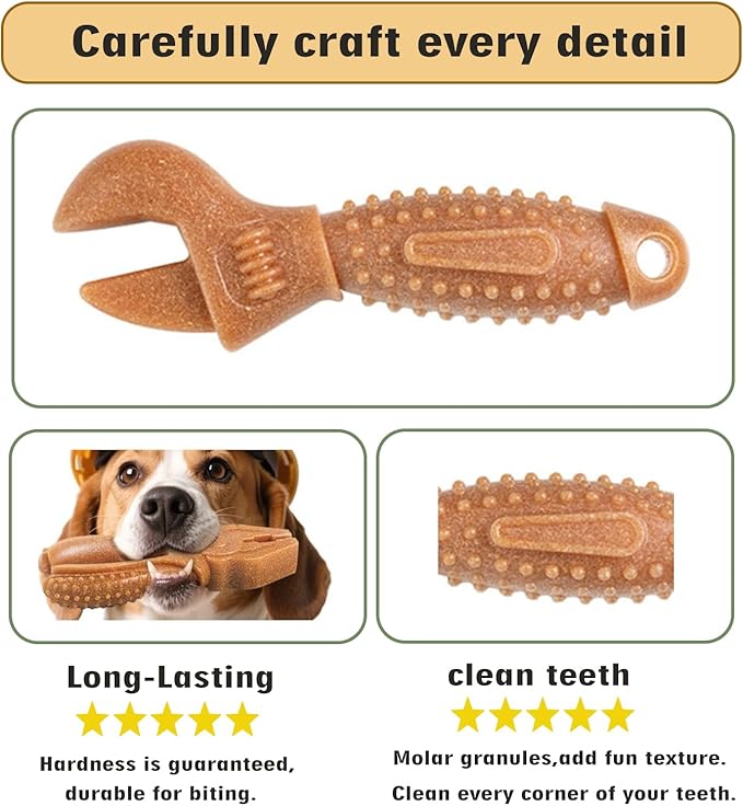 Dog Chew Toys, Aggressive chewer toy for Medium& Large dogs, Made of real pine wood and durable Food-Grade nylon, with Tool Shape Design for Dental Cleaning and Long-Lasting Chewing (brown-2 pieces)