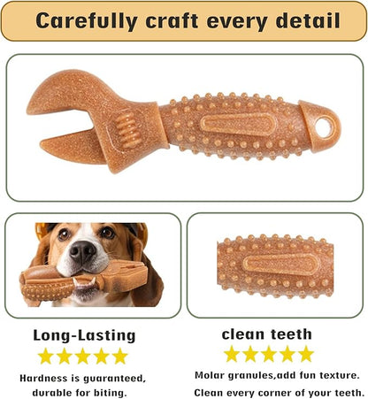 Dog Chew Toys for Aggressive Chewers, Medium & Large Dogs, Made of Real Pine Wood and Durable Food-Grade Nylon, with Tool Shape Design for Dental Cleaning and Long-Lasting Chewing Fun (Brown-Wrench)