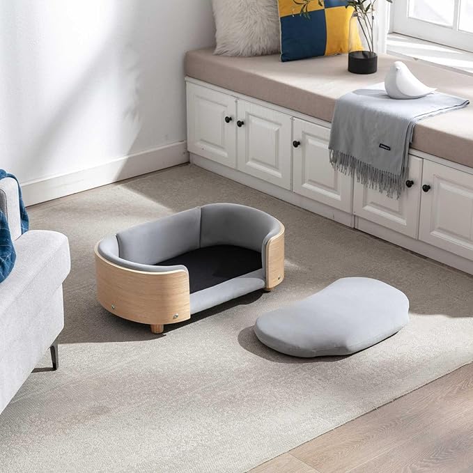 Velvet Dog Bed Pet Sofa with Solid Wood Legs and Bent Wood Back, Stain-Resistant Cushion in Multiple Colors - Luxury Pet Furniture for Cats and Dogs, Light Grey