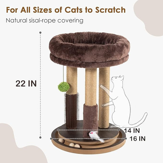 22 Inch Heavy-Duty Cat Scratching Post with Cozy Plush Bed, 3 Sisal Scratching Posts, Interactive Cat Scratcher with Grooming Brush, Hanging Pom-Pom, Track Balls & Mouse Toy for Indoor Cats