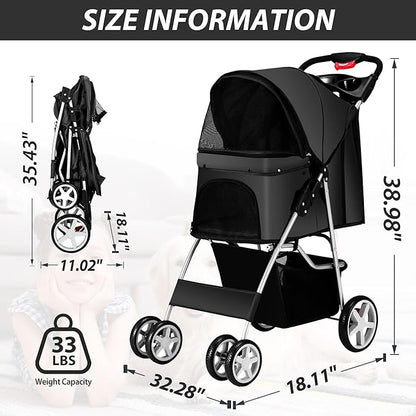Unisakey 4 Wheels Pet Stroller for Small Medium Dogs Cats 10-33 lbs, Foldable Dog and Cat Stroller with Cup Holder & Storage Basket & Breathable Mesh, Pet Strolling Cart for All-Season, Black