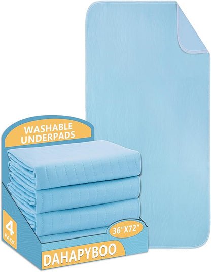 DAHAPYBOO Washable Underpads, 36"x72" 4 Pack Incontinence Bed Pads, Heavy Absorbency Reusable for Elderly, Kids, Adults and Pets, Waterproof Quick Drying for Bed, Sofa, Floor