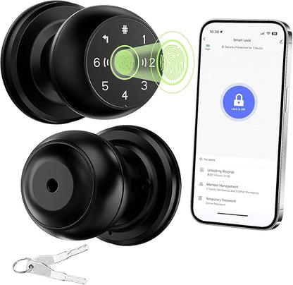 Fingerprint Door Lock, Smart Door Knob, 2.4G WiFi Biometric Door Knobs with App Control, Auto Lock Door Lock with Code, Thumbprint Door Knob for Bedrooms, Office, Apartment, Offices,Hotels