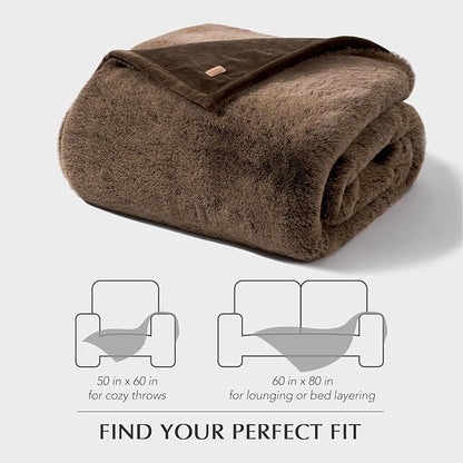 EVERGRACEHOME Luxury Soft Faux Chinchilla Fur Throw Blanket for Couch, Warm Thick Heavy Winter Throw Blanket 1220GSM for Bed, Fluffy Cozy Mink Blanket with Reversible Velvet, Brown Sable, 60"x80"