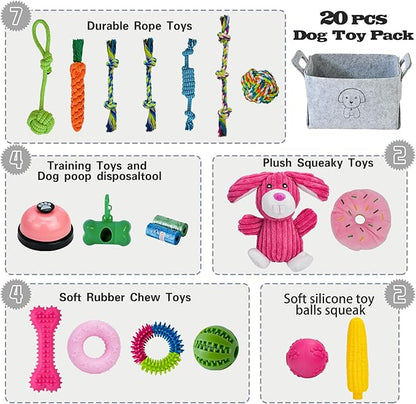 MRSOHRET 20Pcs Puppy Chew Toys for Teething, Dog Chew Rope Toys, Pet Dog Toothbrush, Treat Balls, Plush Squeaky Toy for Small Medium Dogs with Basket