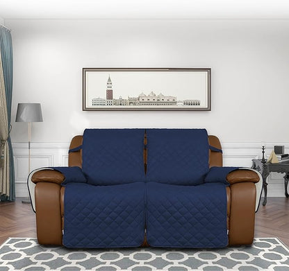 Easy-Going Oversized Loveseat Recliner Cover, Reversible Couch Cover for Double Recliner, Split Sofa Cover for Each Seat with Elastic Straps for Dogs, Pets(Oversized 2 Seater, Navy/Ivory)