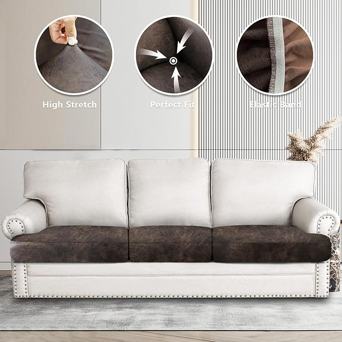 ANARACHON Leather Look Couch Cushion Covers Sofa Seat Slipcovers Sets Couches Furniture Protector for Sectional Armchair Loveseat Pets Kids Stretch Spandex Fabric (3 T-Cushion Sofa, Brown)