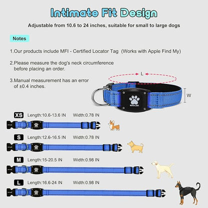 GPS Dog Collar Tracker 2-in-1,Reflective Waterproof Pet Collar,iOS-Only,No Monthly Fees,Unlimited Range,Ideal for Dog Tracking pet Tracker,for Small Medium Large Dogs(L (16.6"-24"), Blue)