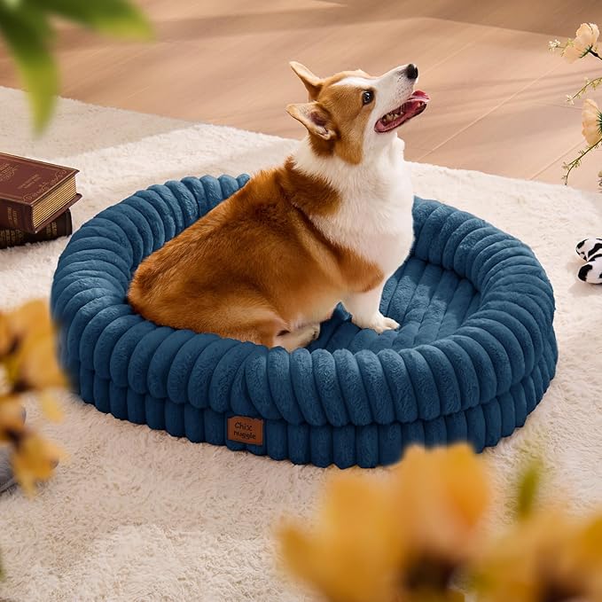 ChiXnuggle Dog Bed Large Sized Dog - Luxury Striped Faux Fur Waterproof Pet Couch with Removable Washable Cover, Orthopedic Pet Bed with Bolster Sides for Sleeping, Midnight Blue