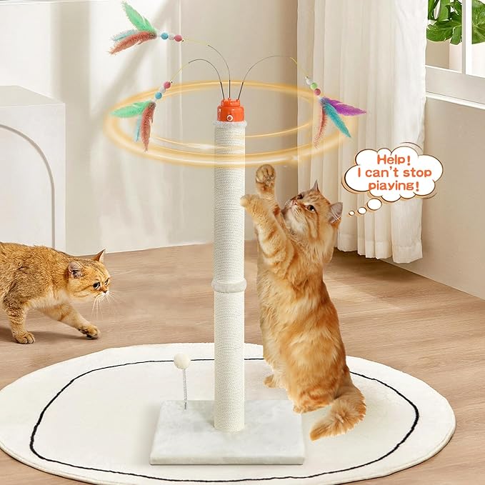 YARUOMY Cat Scratching Post，42.5" Tall Heavy Duty Cat Scratcher，Scratching Posts for Indoor Cats Adult with Interactive Cat Toys Automatic Teaser Wand and Rotating Hanging Balls
