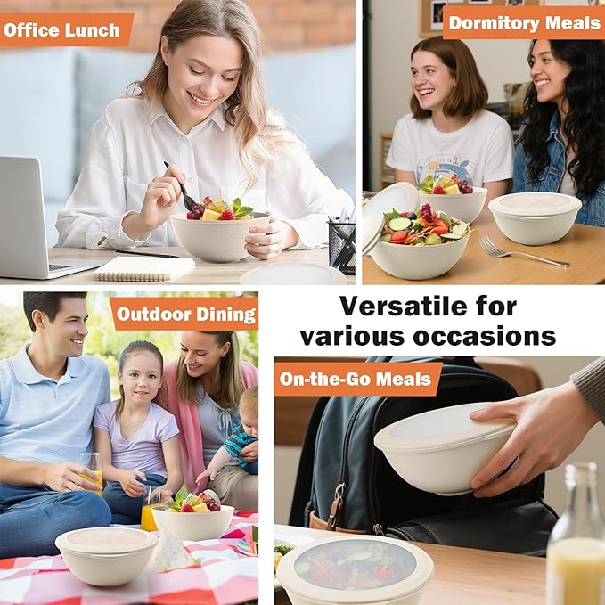 Wheat Straw Bowls Set with Lids, Unbreakable 40 OZ Large Cereal Bowls Set of 4, Salad Container for Lunch, Microwave & Dishwasher Safe Bowl Set for Kitchen, Picnic, RV, Camping, Beige