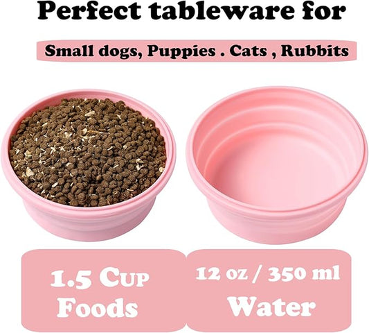 Joyinjojo Collapsible Dog Bowls with Lids, 2 Pack Portable Travel Dog Bowls for Small Medium Large Dogs, Silicone Foldable Outdoor Dog Cat Food Water Bowls for Camping Hiking Road Trip, Pink 12 oz