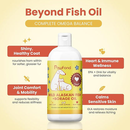 Wild Alaskan Pollock & Salmon Oil for Dogs & Cats - Omega 3 EPA DHA Fish Oil with Borage Oil GLA 22% - Anti-Itch, Skin & Coat Supplement, Joint Support, Allergy Relief -100% Natural - 8oz Pump