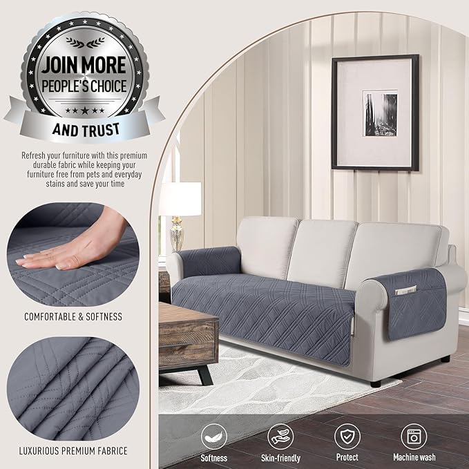 TAOCOCO Waterproof Couch Covers for Pets Dogs with Non Slip Backing, Sofa Seat Covers with Side Pocket for 3 Cushion Couch Washable Dog Couch Cover Protector Sofa Slipcovers(Sofa, Dark Grey)