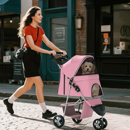Pink Dog Stroller for Medium Dogs 30 lbs Pet Stroller for Small Dogs Cat Strollers for 2 Cats, 3 Wheels Foldable Jogger Puppy Stroller with Storage Basket and Cup Holder, Pink
