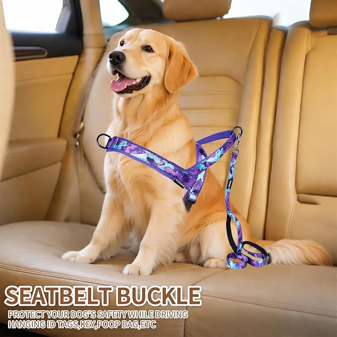 No Pull Dog Harness and Leash Set-Vest with Handle & 5FT Dog Leash with Car Seatbelt Clip,Breathable Mesh & Quick Fit Dog Harness Easy for Medium Large Dogs Training Walking(Camo Purple,XL)