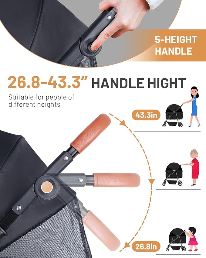Dog Stroller for Large & Medium Dogs, Pet Stroller for 2 Small Dogs, Extra Large Heavy Duty, Foldable Design, Adjustable Handle, with Pocket, Up to 132 lbs(Drak Black)