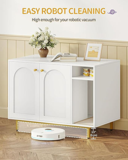 Hzuaneri Cat Litter Box Enclosure Enclosed, Hidden Litter Box Cabinet Furniture with Storage, Wooden Indoor Cat House Large, Modern End Table for Living Room Entryway, White and Gold CB84903A