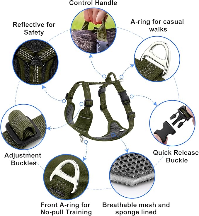 Plutus Pet No Pull Dog Harness, Reflective Adjustable Dog Vest Harness with Handle, Escape Proof, Soft Padded for Small Medium Large Dogs (Ranger Green, M)