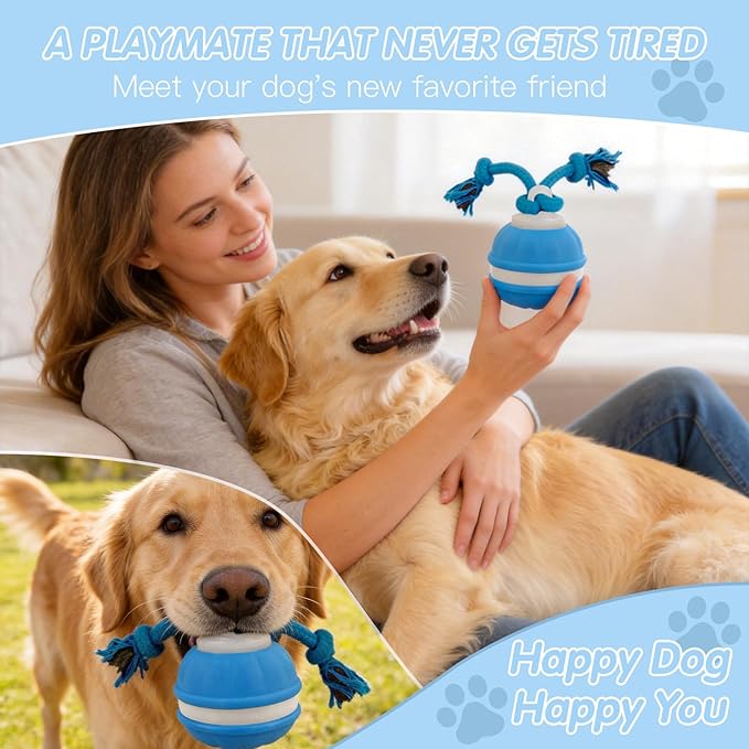 Moving Interactive Dog Toy - Automatic Rolling Wobble Ball for Indoor Play, Keeps Aggressive Chewers Busy, Interactive Fetch Toy for Small & Large Dogs, Puppies, and Adult Cats (Blue)