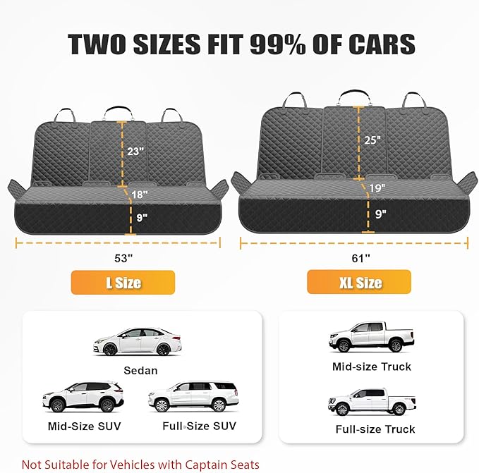 Dog Car Seat Cover for Back Seat, Waterproof Back Seat Cover with Zippered Armrest Access, Non Slip Rear Bench Cover for Cars SUVs - 52W