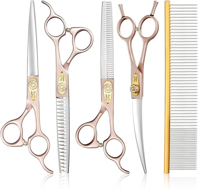 JASON Dog Grooming Scissors Set, Professional 6 in 1 Dog Scissors Sharp Shears Set - 7" Thinning, Chunker, Straight, Curved Shears and Comb for Dog Cat Pet, Rosegold Christmas Gift