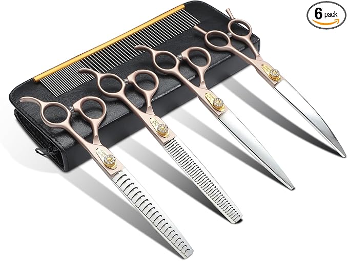 JASON Dog Grooming Scissors Set, Professional 6 in 1 Dog Scissors Sharp Shears Set - 7" Thinning, Chunker, Straight, Curved Shears and Comb for Dog Cat Pet, Rosegold Christmas Gift