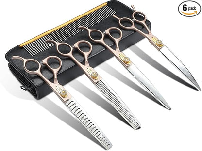 JASON Dog Grooming Scissors Set, Professional 6 in 1 Dog Scissors Sharp Shears Set - 7" Thinning, Chunker, Straight, Curved Shears and Comb for Dog Cat Pet, Rosegold Christmas Gift