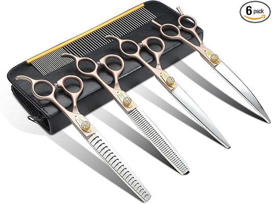JASON Dog Grooming Scissors Set, Professional 6 in 1 Dog Scissors Sharp Shears Set - 7" Thinning, Chunker, Straight, Curved Shears and Comb for Dog Cat Pet, Rosegold Christmas Gift