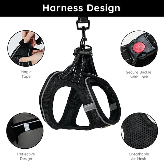 BELLA & PAL Step in Vest Harness for Small and Medium Dogs, No Pull Small Dog Harness with Leash Set, Comfortable Air Mesh Dog Vest Harness with Reflective Strip (Deep Black, M)