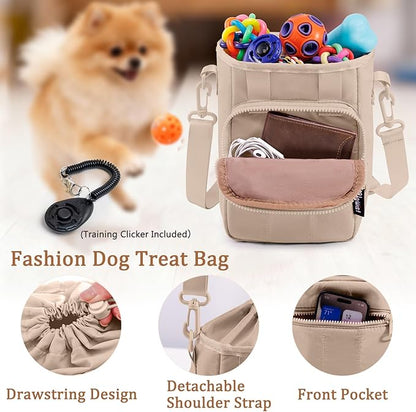 Stylish Dog Training Treat Pouch with Waist & Shoulder Strap, Dog Treat Bag for Walking and Training, Removable Waterproof Liner, Drawstring Treat Holder with Front Pocket & Clicker