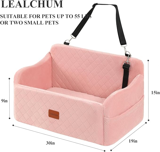 Lealchum Dog Car Seat for Medium/Large Dogs,2 Clip-On Safety Leashs for 2 Small Dogs,Removable and Washable Comfy Pet Car Seat,Easy to Install and Clean (Pink, Large)