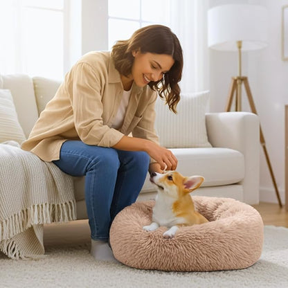 Calming Anti-Anxiety Donuts Dog And Cat Bed, Round Fluffy Soft Washable Small Medium Pet Bed For Puppy & Kitten, Cuddler Warming Comfortable Cushion, Luxury Anti-Slip Waterproof Mute Base 20in (Camel)