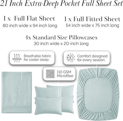 Southshore Fine Living, Inc. 6-Piece Bed Sheets Full Size Set, 21-Inch Deep Pocket Full Size Sheets Set, 1 Deep Pocket Fitted Sheet, 1 Flat Sheet, 4 Standard Pillow Cases, Sky Blue Bedding