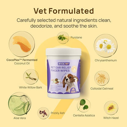HICC PET Ear Cleaner Finger Wipes for Dogs & Cats, Vet-Recommended Dog Ear Infection Treatment to Relief Itching & Inflammation, Remove Wax, Dirt & Stop Smelly, Non-Irritating, 50ct(Coconut Scent)