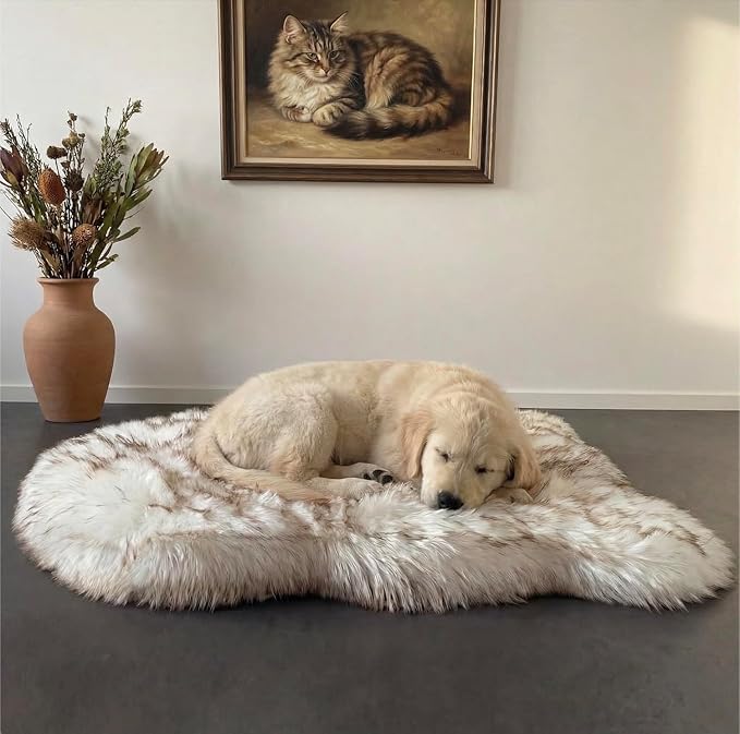 IHAPPYDOG Luxury Faux Fur Orthopedic Dog Bed, Memory Foam Dog Bed for Small, Medium, Large and XL Pets, Fluffy Pet Rug with Waterproof and Washable Cover (White w/Brown Tips, 40"x25")