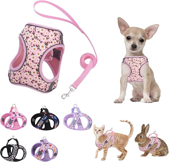 Small Dog Harness Pink Daisy Flowers No Pull Reflective Step in Vest Harness Mesh Padded Soft Harness for Small Medium Dogs Cats