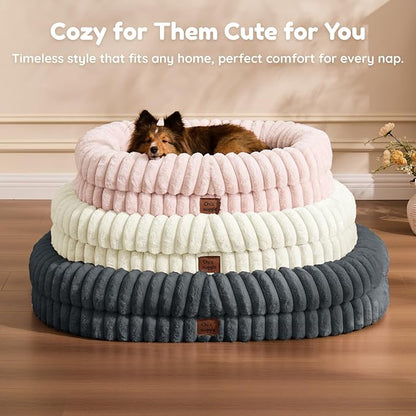 ChiXnuggle Cat Bed for Indoor Cats - Luxury Striped Faux Fur Waterproof Pet Couch with Removable Washable Cover, Orthopedic Pet Bed with Bolster Sides for Sleeping, Cream