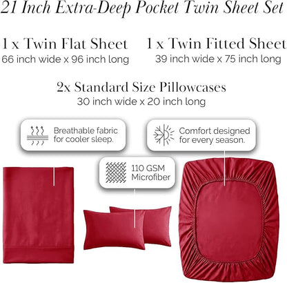 Southshore Fine Living, Inc. 4-Piece Microfiber Sheets Twin Size Bed Set, 21-Inch Deep Pocket Twin Sheet Set, Extra Deep Pocket Fitted Sheet, Red Pillow Cases Standard Size, Red Sheets, Chili Pepper