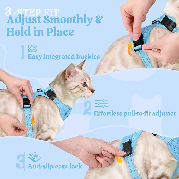 rabbitgoo Cat Harness and Leash, Escape Proof Vest with 3 Adjustable Buckles, Soft Comfortable Kitten Harness, Easy to Wear, Reflective for Safe Outdoor Walking, Small, Sky Blue